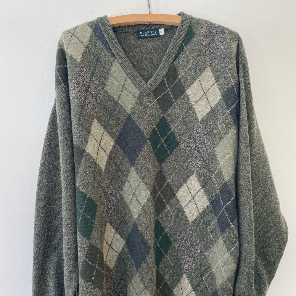 Blarney Woollen Mills Wool Sweater Green Argyle Lambswool Men’s XL Irish - Picture 3 of 7